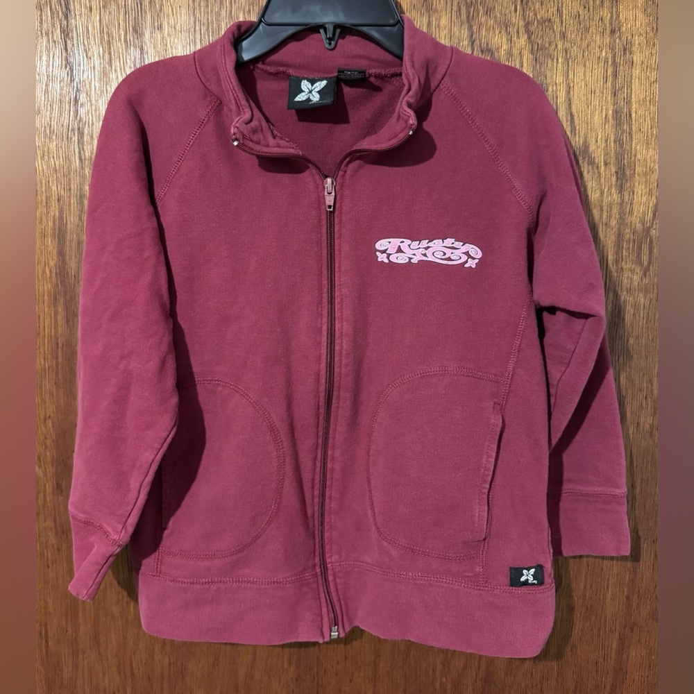 Rusty Burgundy Zip-Up Sweatshirt Women’s Size Medium Vintage Surf Spellout Logo